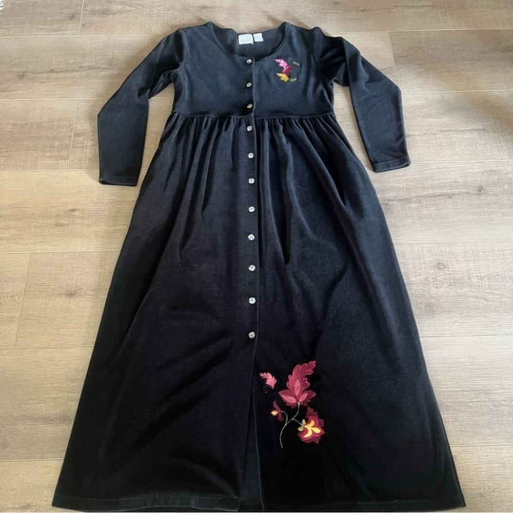 Moda Velvet Maxi Dress‎ M Black Long Sleeve Applique Goth Witchy Boho Dreamy